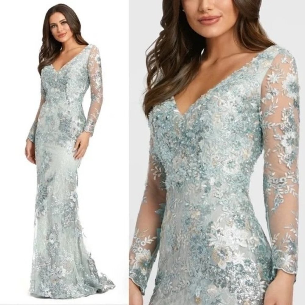 Mac Duggal 67539 V Neck Illusion Long Sleeve Embellished Evening Gown Size 4 NWT